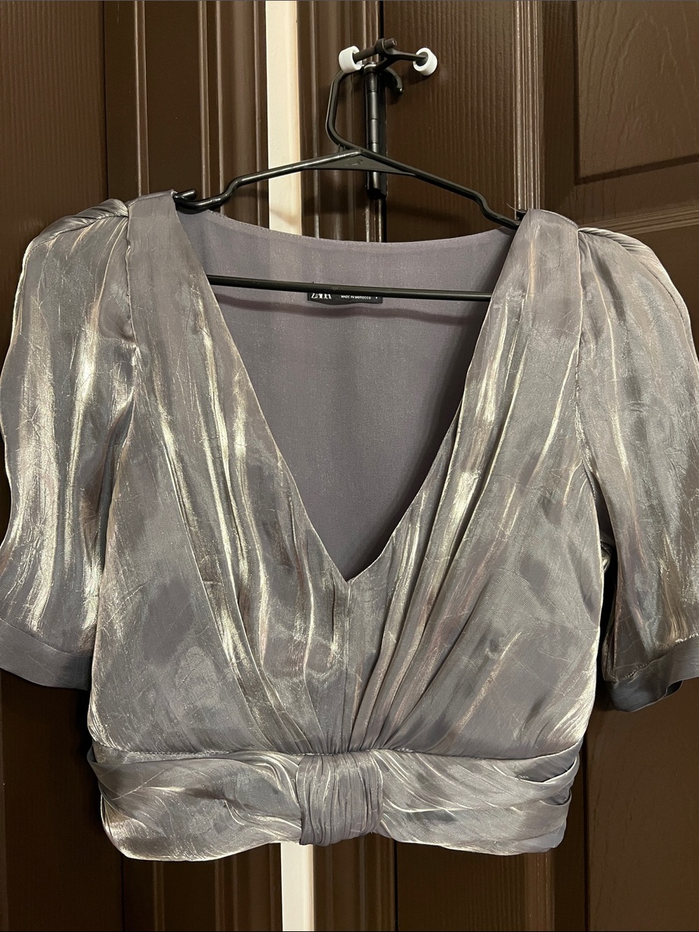 Zara Metallic Silver-Gray Draped V-Neck Crop Top
